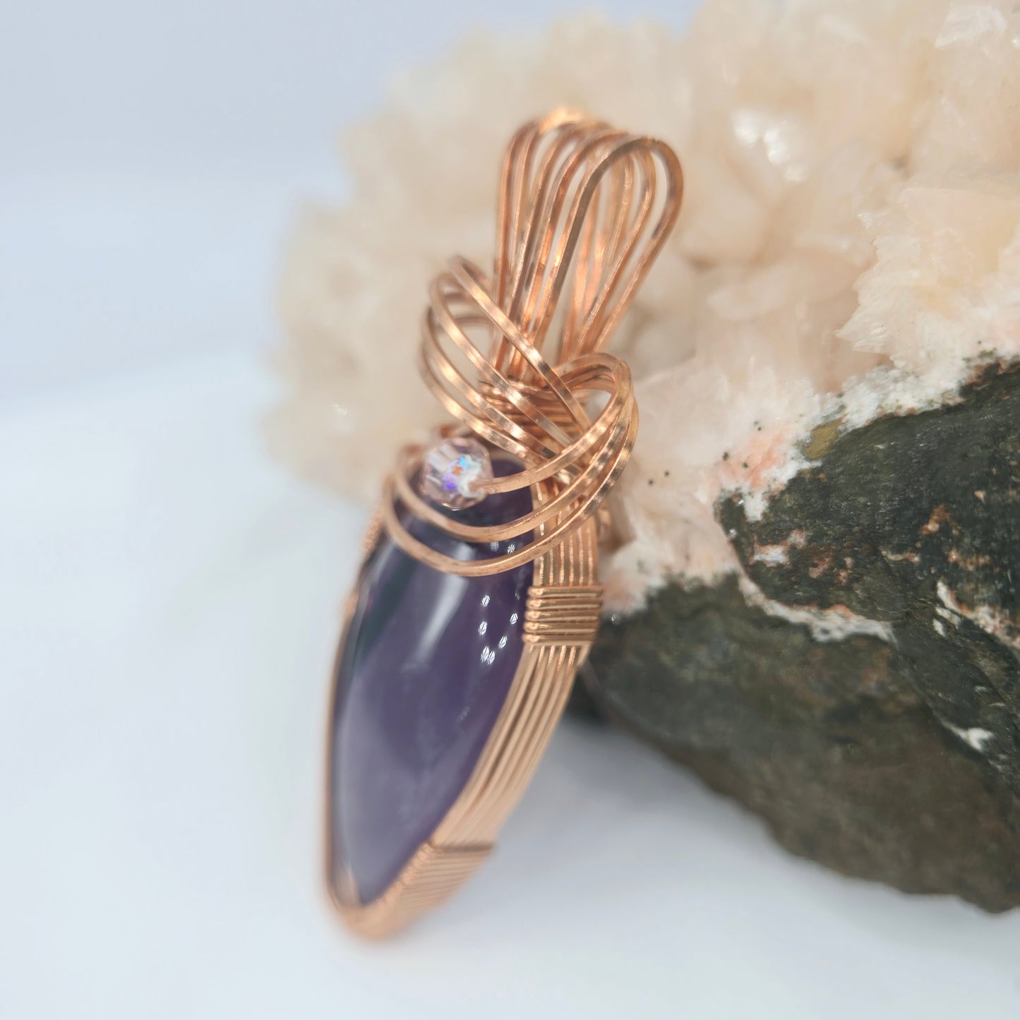 Amethyst Pendant Wrapped In Copper w/ 4mm Swarovski Crystal
