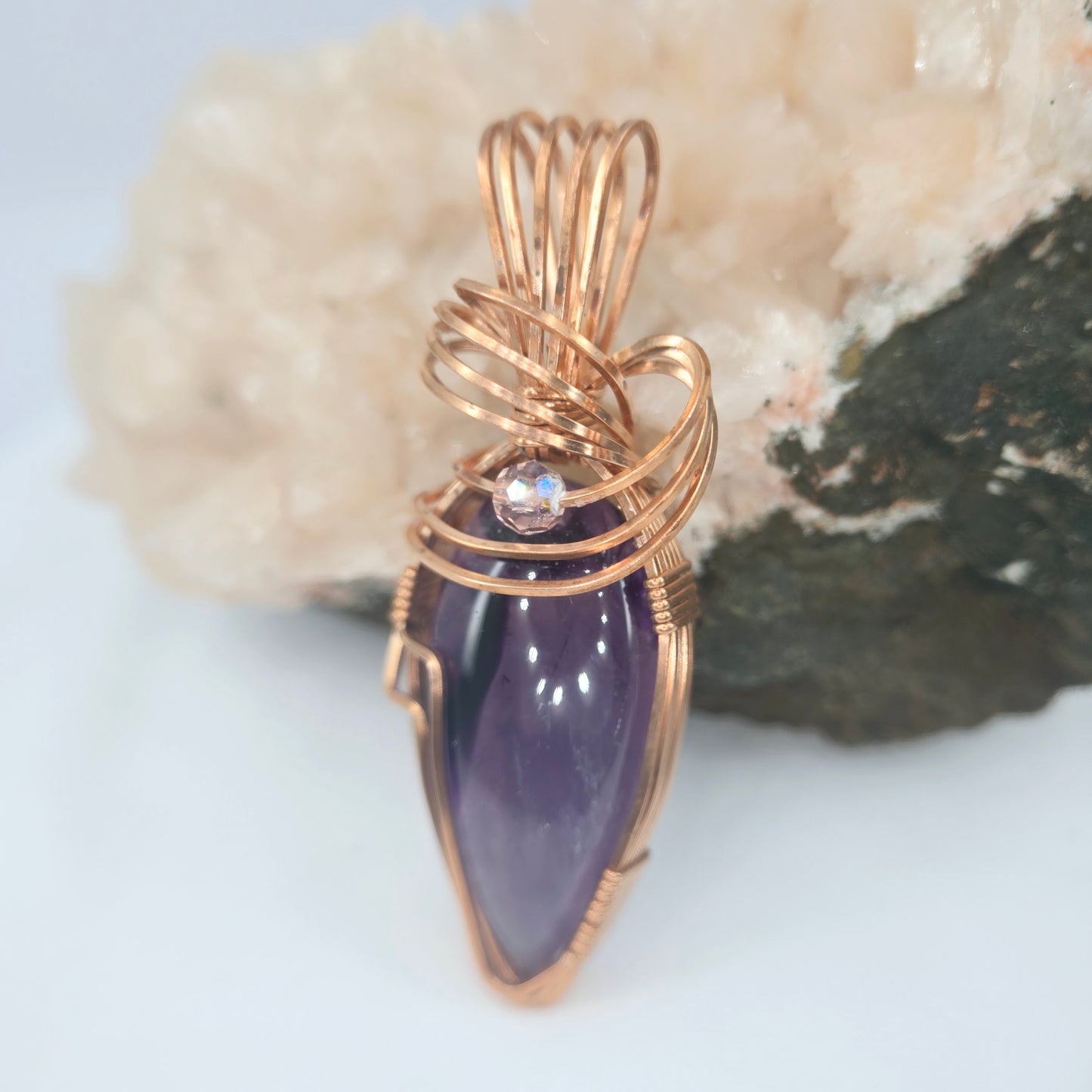 Amethyst Pendant Wrapped In Copper w/ 4mm Swarovski Crystal