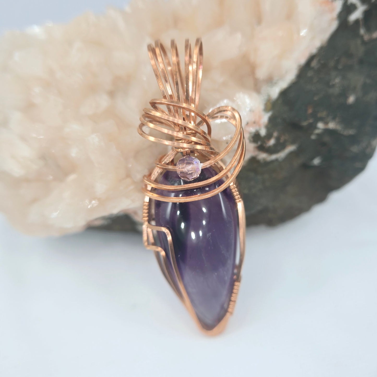 Amethyst Pendant Wrapped In Copper w/ 4mm Swarovski Crystal