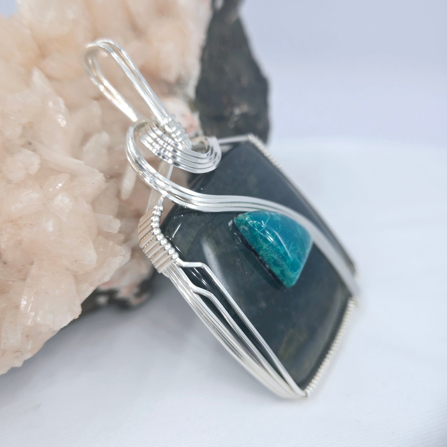 Picasso Jasper Pendant With Embedded Chrysocolla Wrapped In Sterling Silver