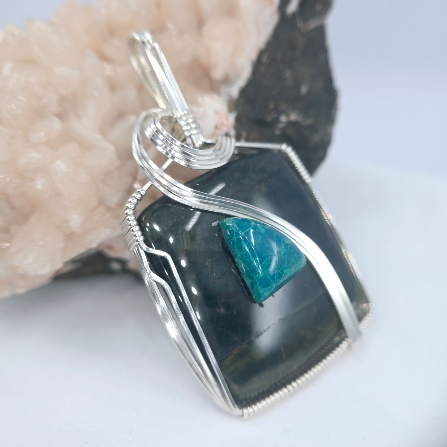 Picasso Jasper Pendant With Embedded Chrysocolla Wrapped In Sterling Silver
