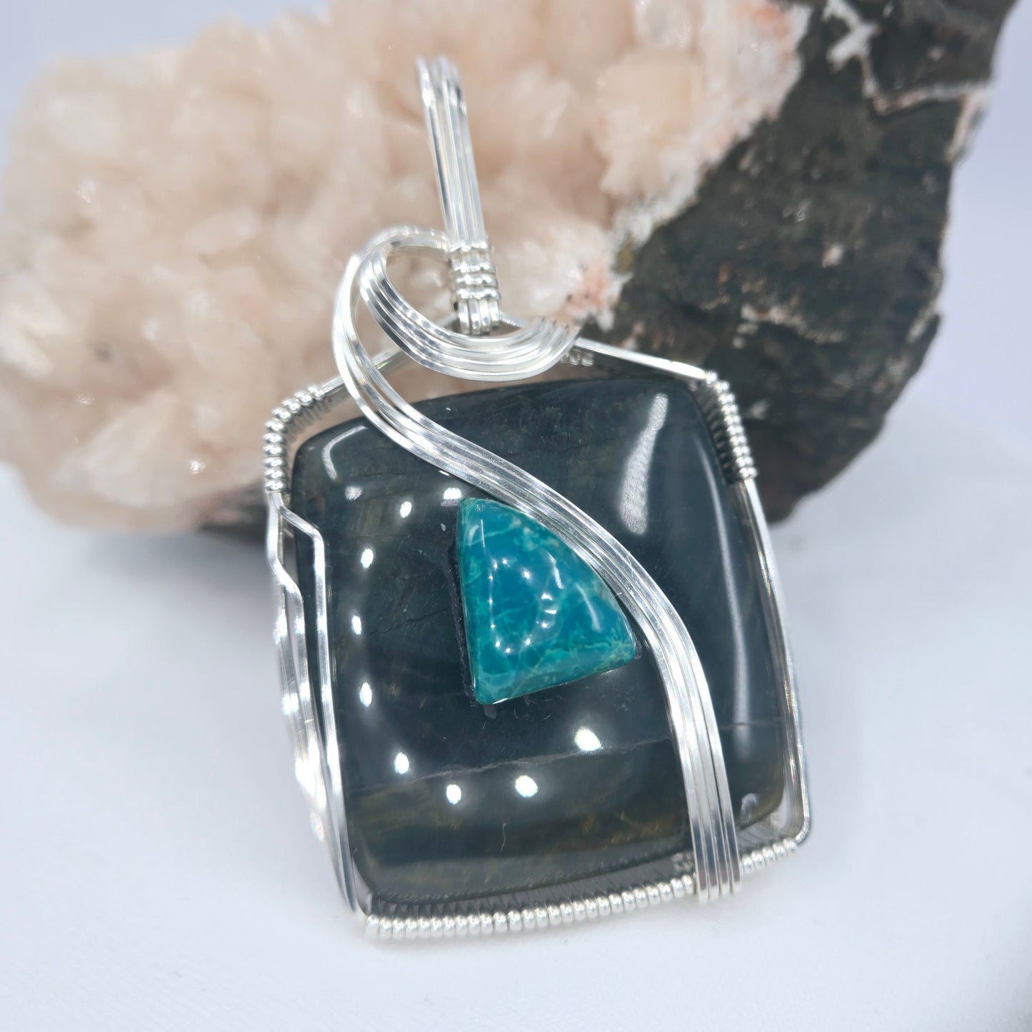 Picasso Jasper Pendant With Embedded Chrysocolla Wrapped In Sterling Silver