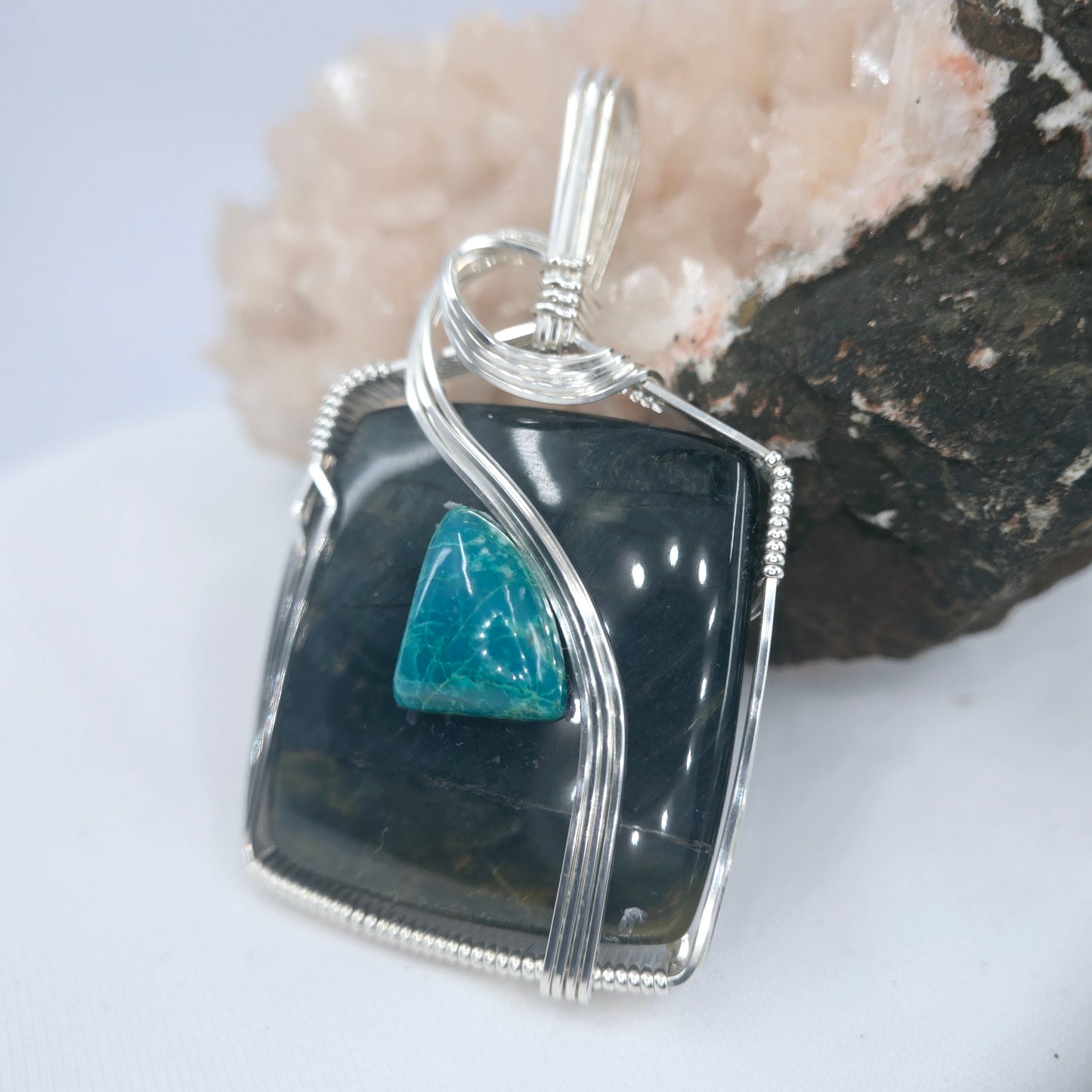 Picasso Jasper Pendant With Embedded Chrysocolla Wrapped In Sterling Silver