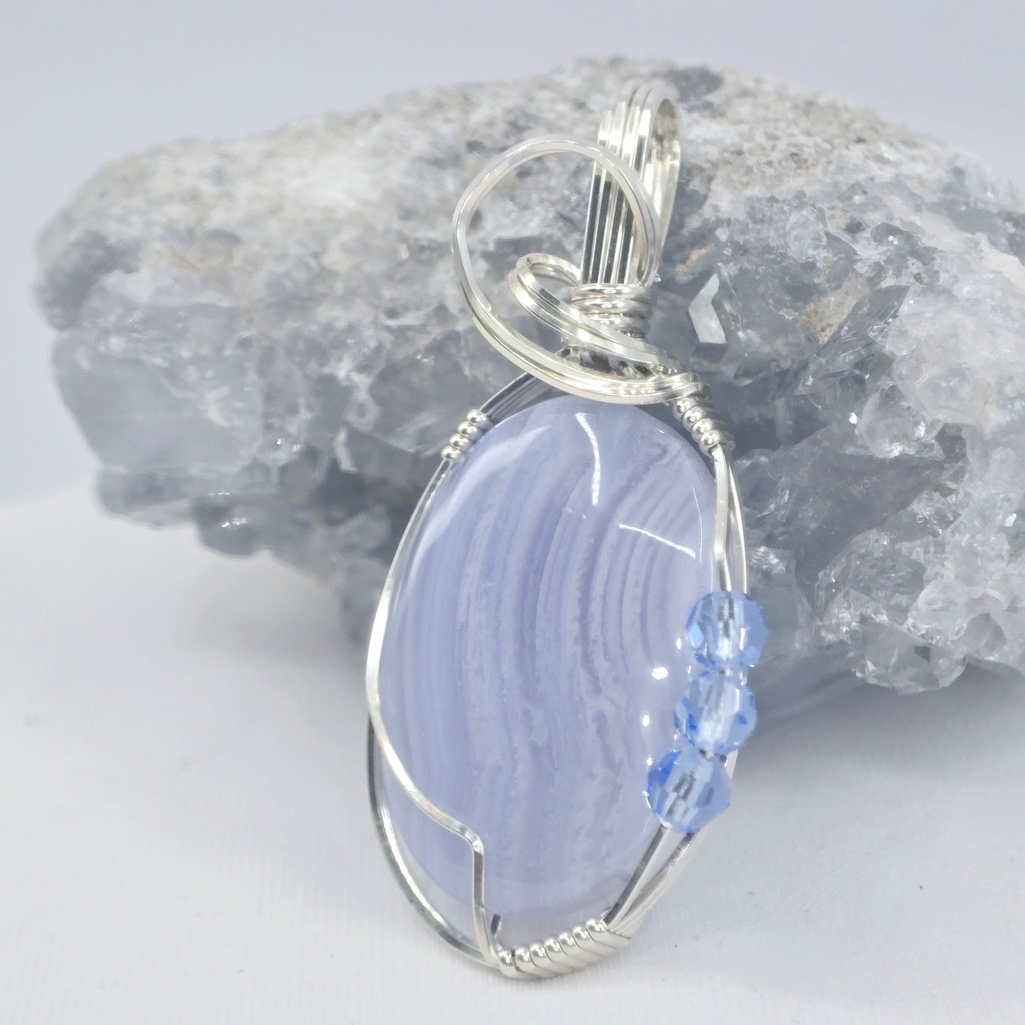 Blue Lace Ocean Agate With Swarovski Light Blue Crystals