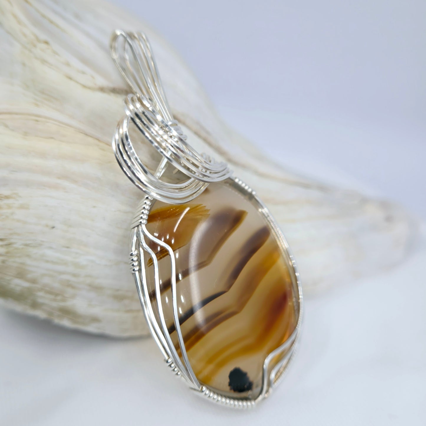 Montana Agate With Manganese Oxide Pendant Wrapped In Sterling Silver