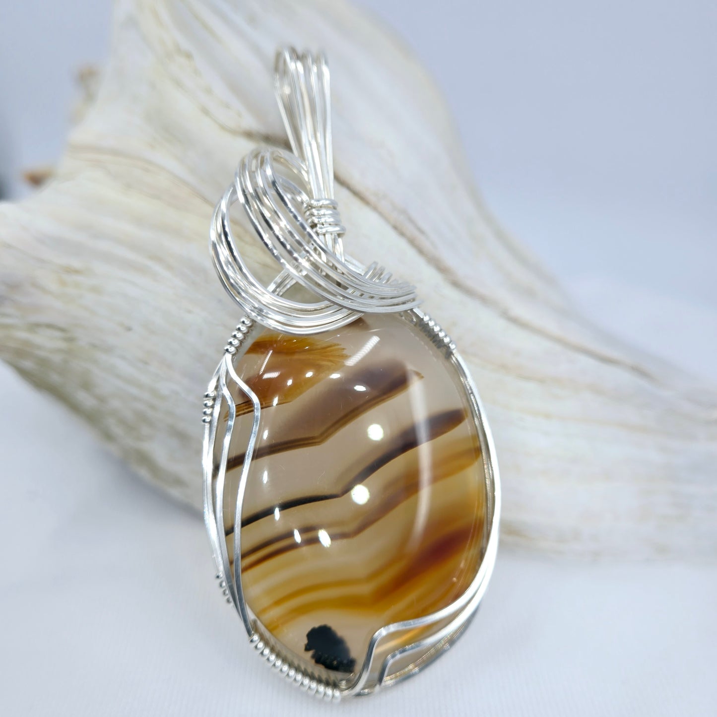 Montana Agate With Manganese Oxide Pendant Wrapped In Sterling Silver