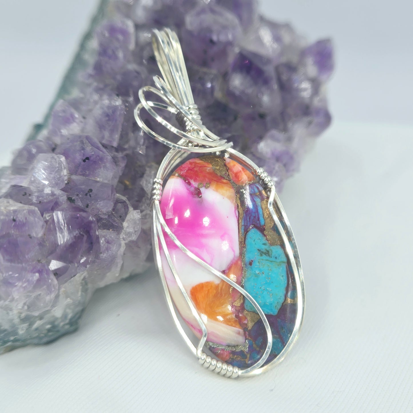 Oyster Copper Turquoise Pendant Wrapped In Sterling Silver